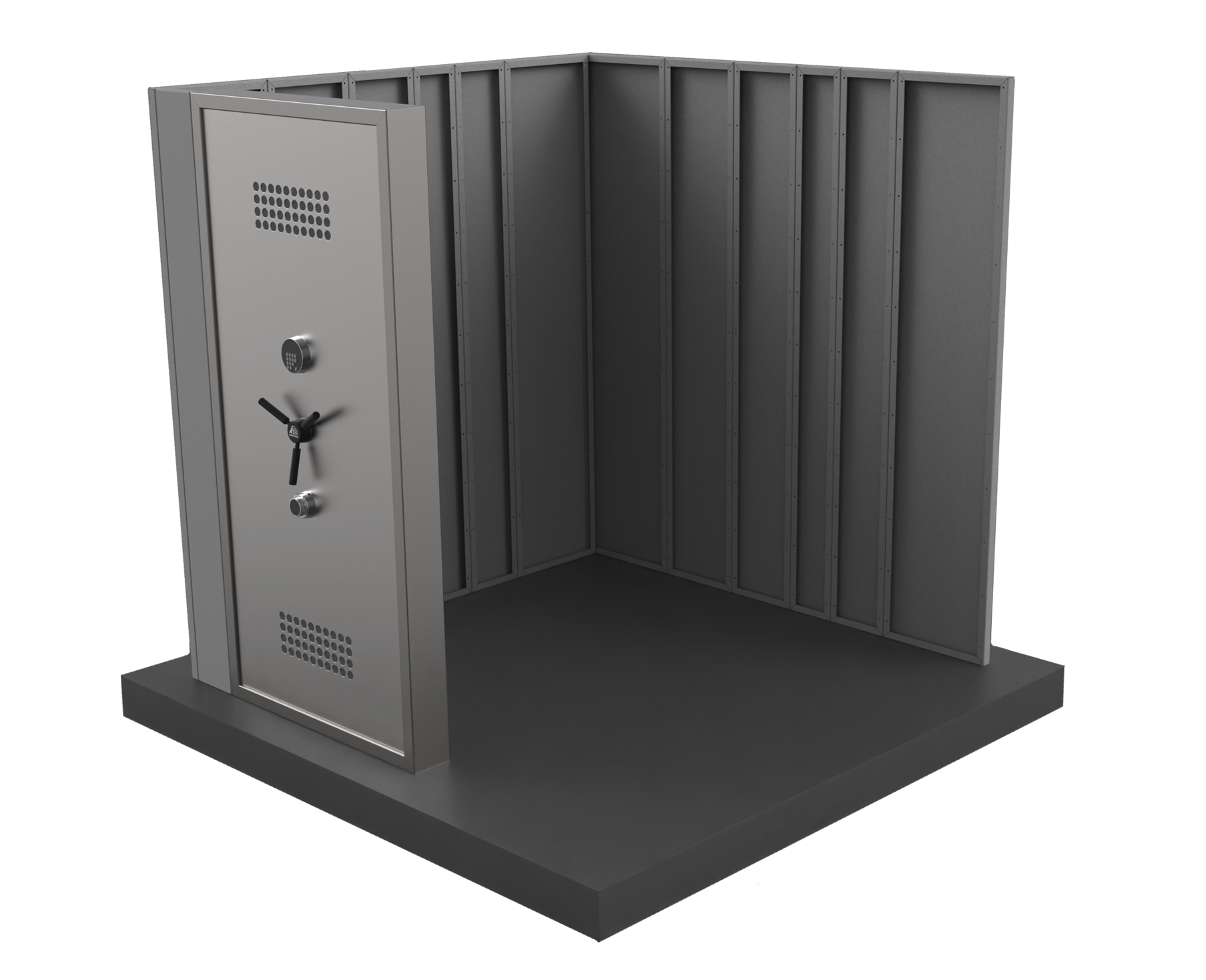 Cutaway view of a SafeCave custom safe room, showing its reinforced steel construction and vault door inside a home.