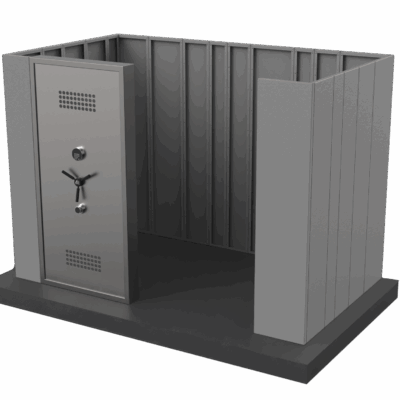 Cutaway view of a custom SafeCave safe room installed in a residential garage space.